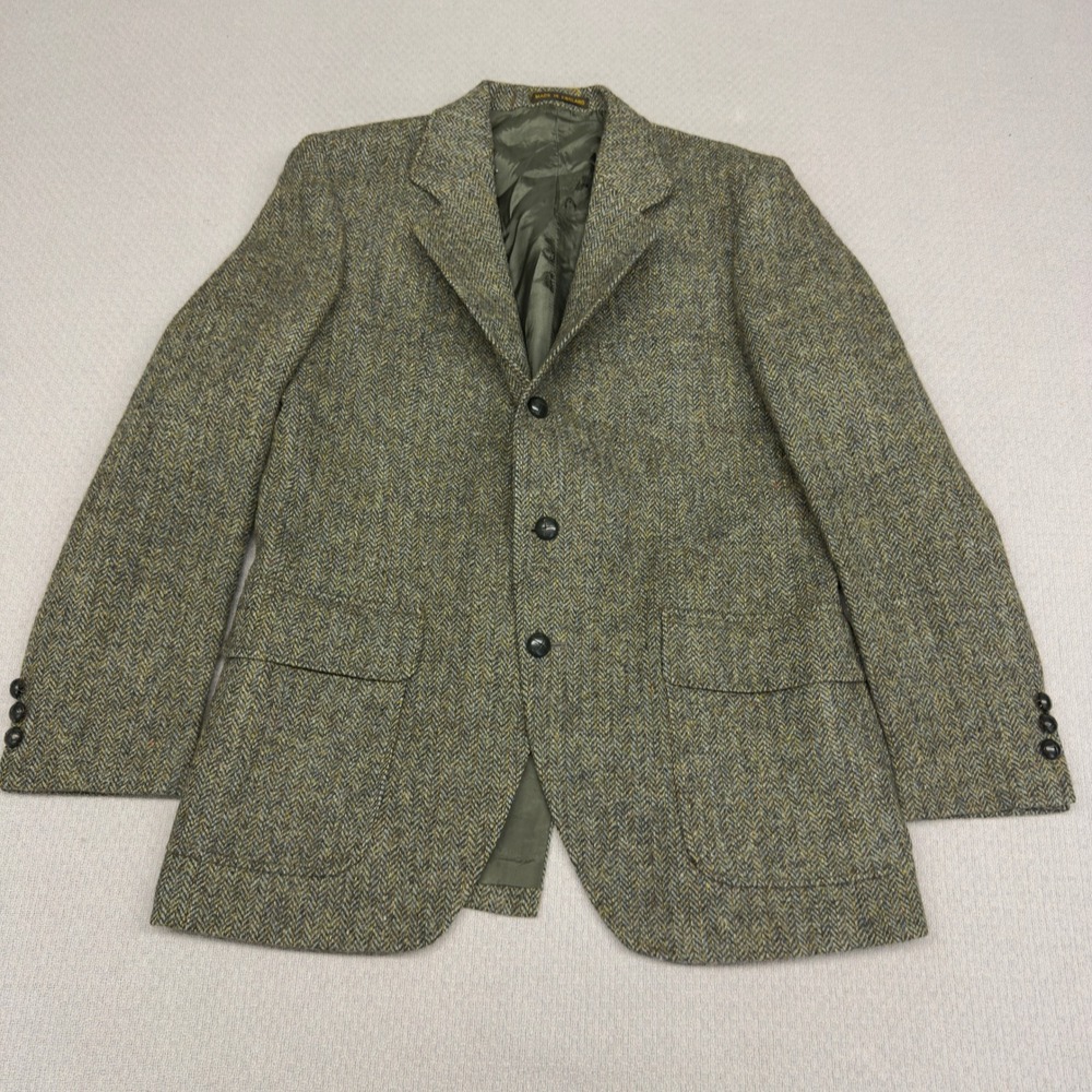 Orvis Harris Tweed Blazer Mens 42 Green Herringbone Wool Sport Coat Made England